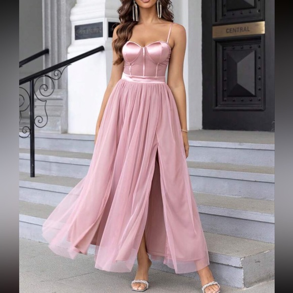 Luxe mesh satin party formal dress - Picture 1 of 7